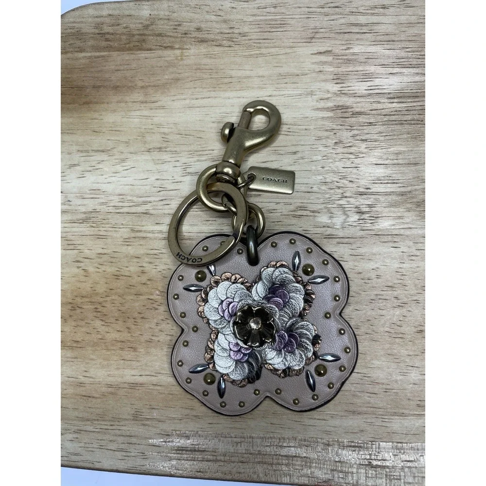 COACH Leather Sequin Appliqué Tea Rose Bag Charm in Beechwood and Gold - Picture 2 of 8